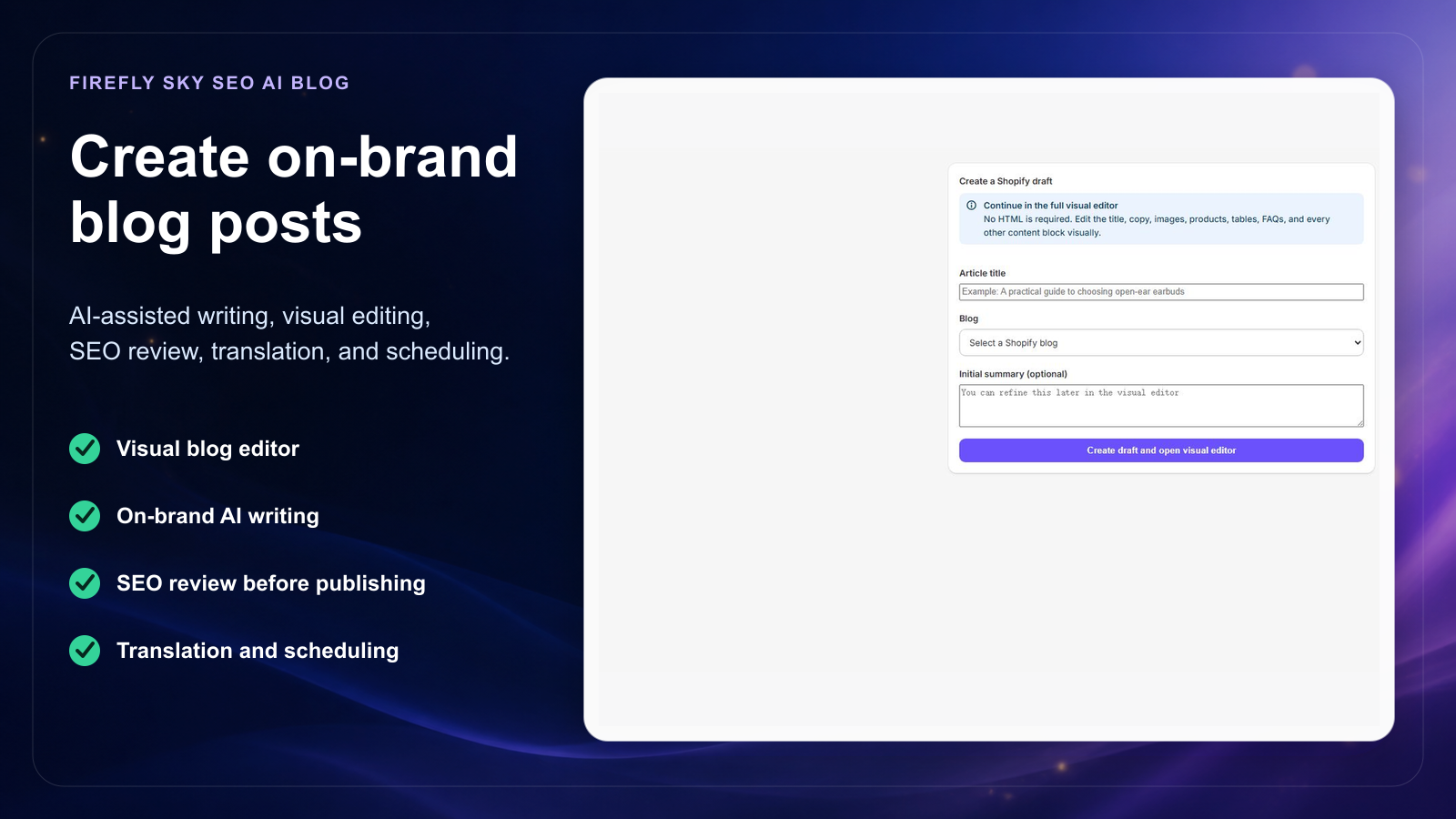Firefly Sky SEO AI Blog feature image showing a draft-creation form beside workflow benefits