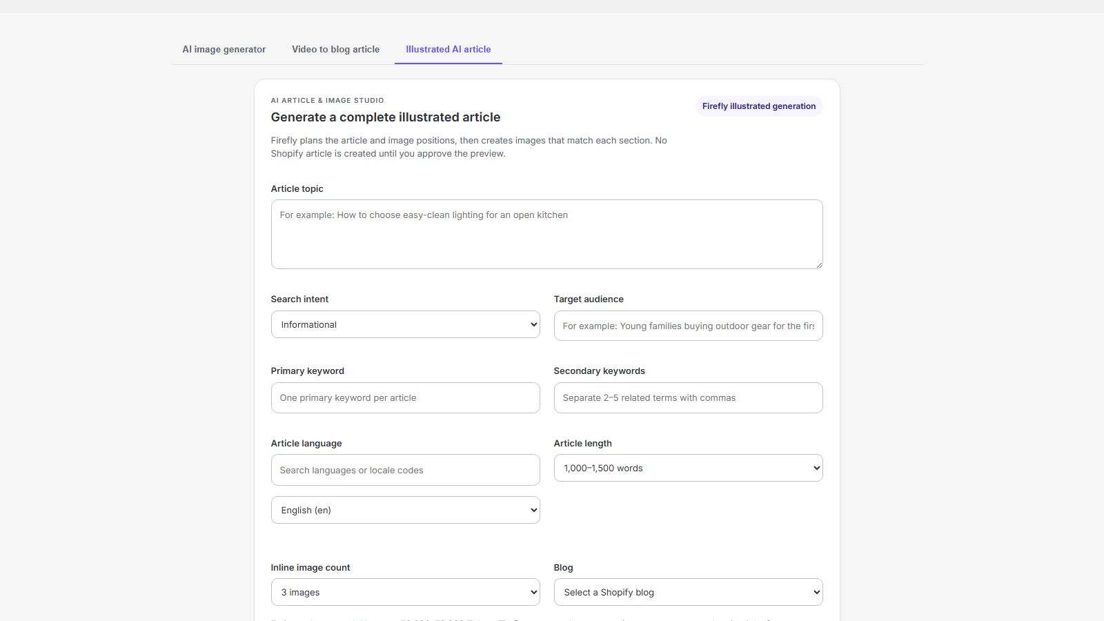 Firefly AI writing form showing article topic, search intent, and target audience