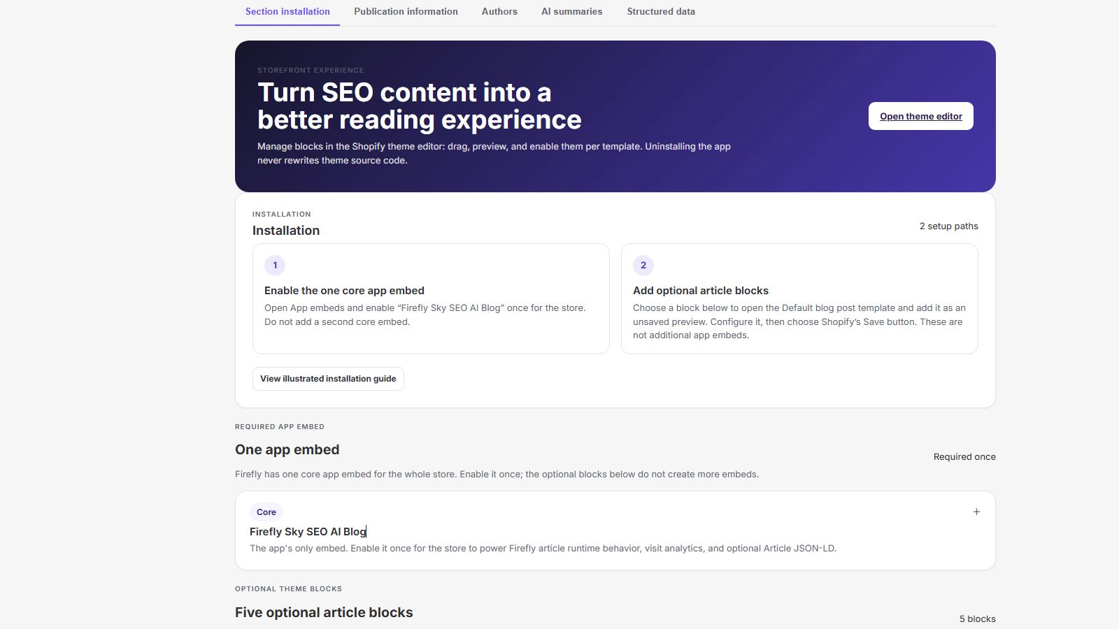 Firefly Blog sections hero with setup tabs and the Open theme editor action