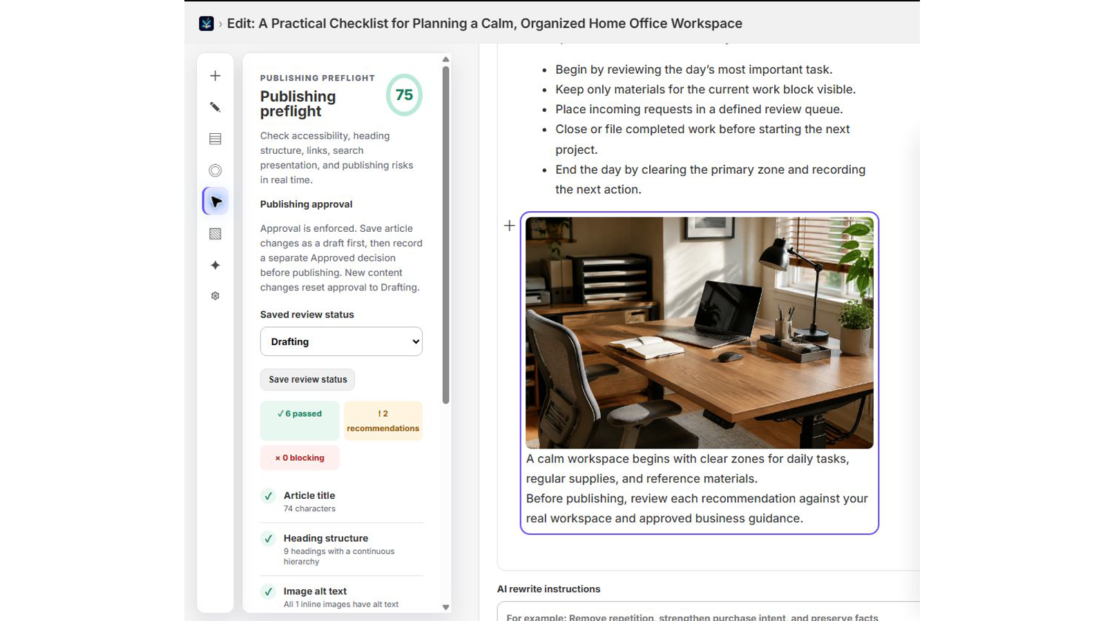 Firefly visual editor showing Publishing preflight, approval status, and accessibility checks for a neutral draft