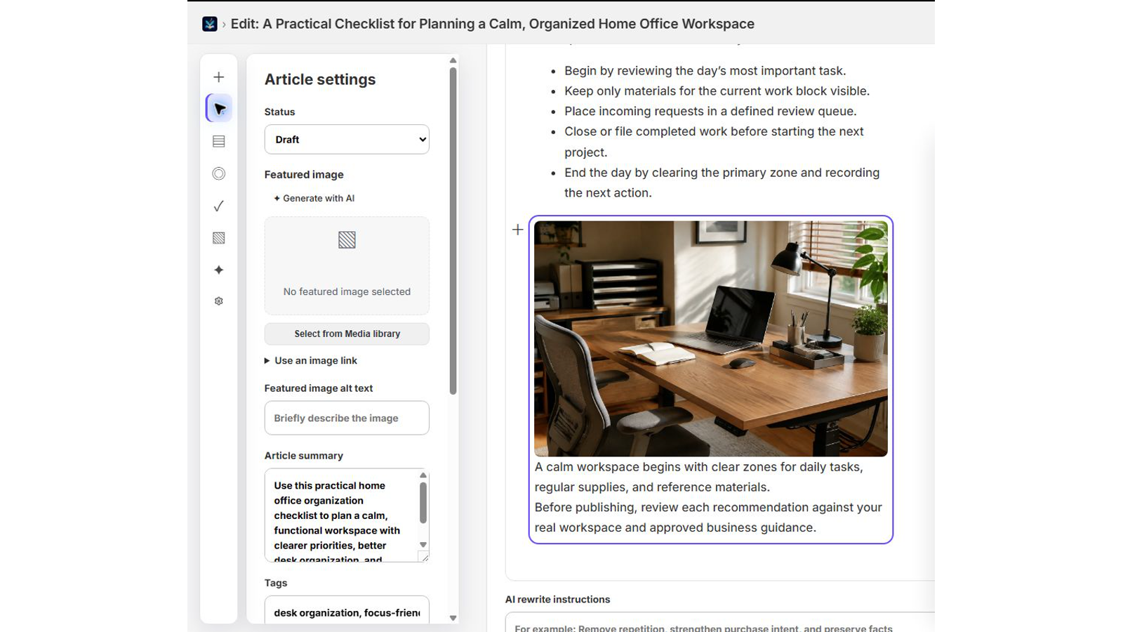 Firefly visual editor showing Article settings with the Shopify article retained in Draft status