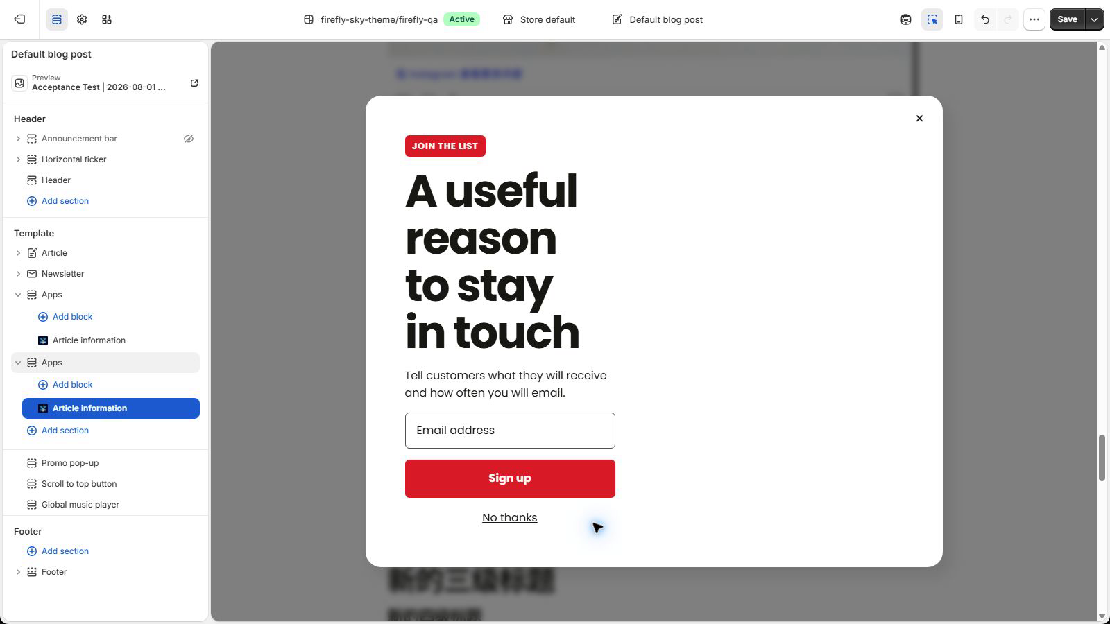 Shopify theme editor showing Default blog post, the added Article information app section, and an enabled Save button