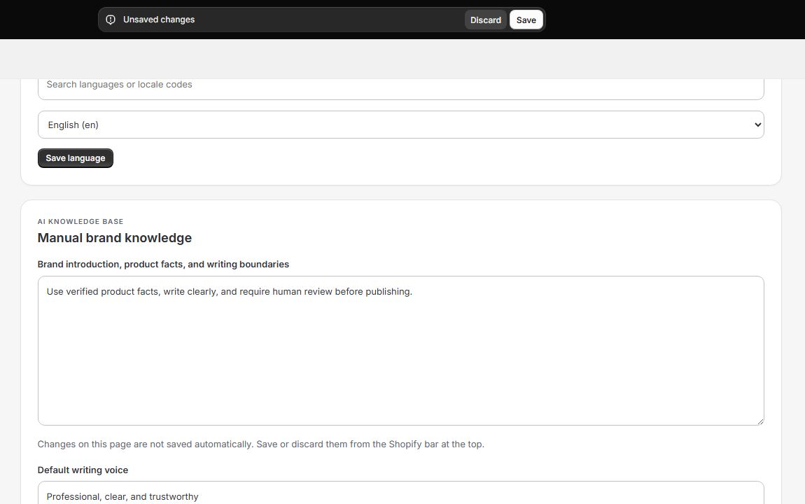 Shopify unsaved-changes bar showing Save and Discard above Firefly Manual brand knowledge