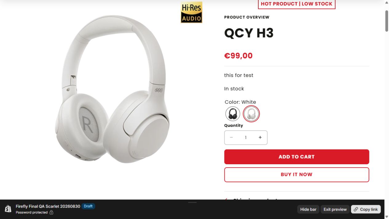 QCY H3 product page showing the White variant media group